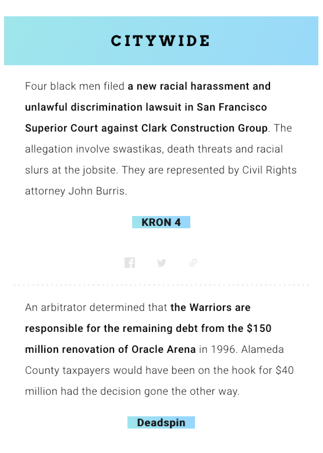 A screenshot of the citywide section of a newsletter